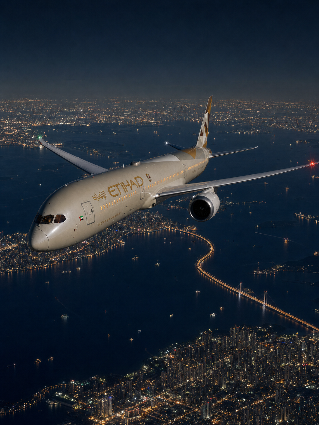 阿提哈德航空宽体客机飞越大湾区夜空